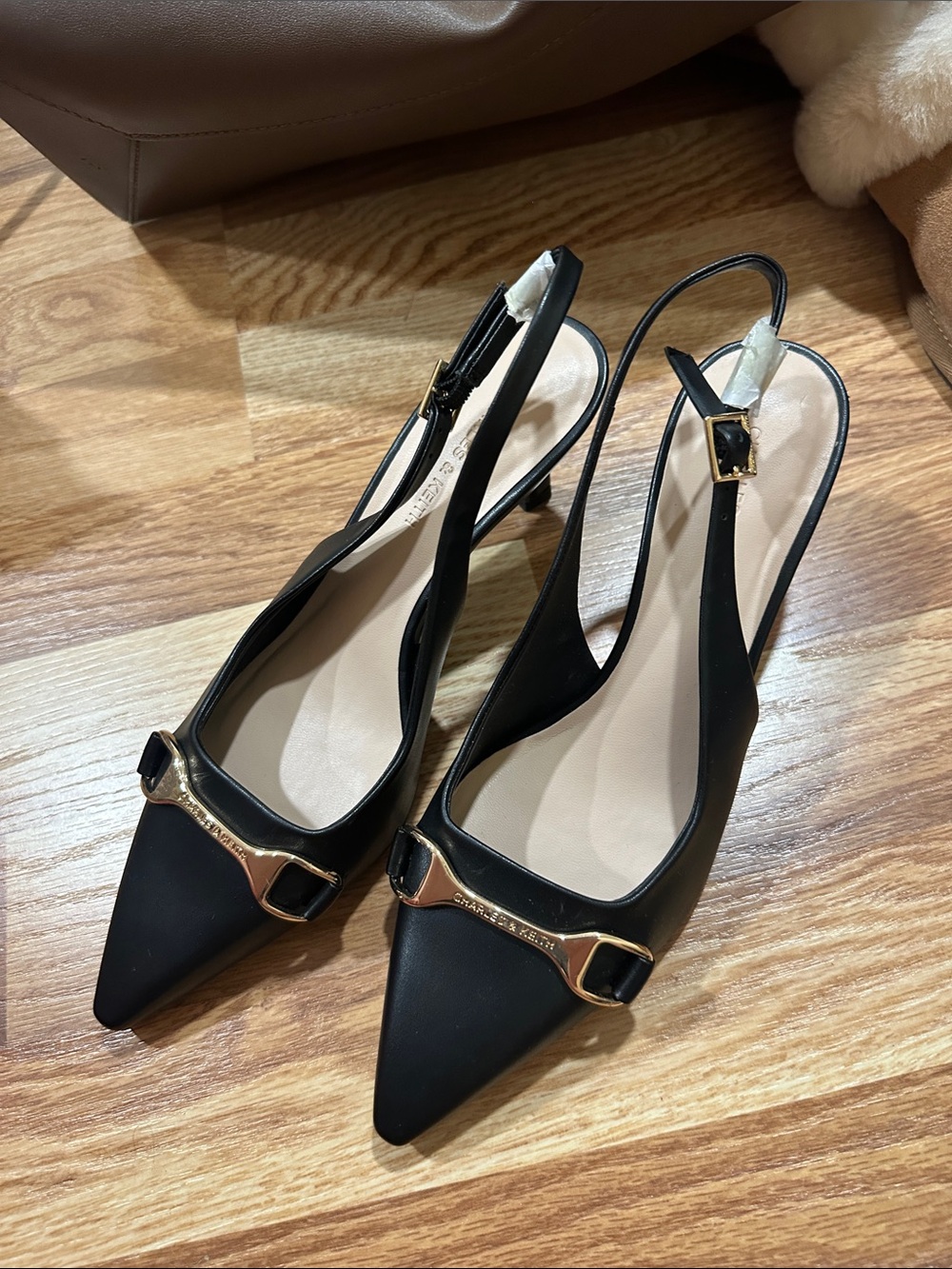 Charles & Keith Black Pointed Slingback Heels with Gold Trim
